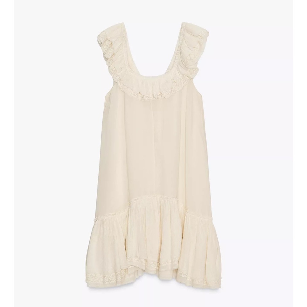Zara Cream Ruffle V-Neck Midi Dress - Picture 3 of 13